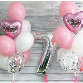 Сет воздушных шаров на День Рождения с вашими поздравлениями и серебряной цифрой