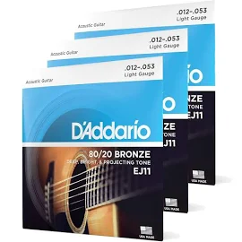 D'Addario EJ11-3D Light 80/20 Bronze Acoustic Guitar Strings 6-String Set, 12 - 53, 3-Pack, Gauge