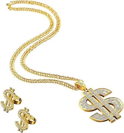 Aatpuss 3 adet Hip Hop Dolar Kolye ve Yüzük, 80'li 90'lar Hip Hop aksesuarı, dolar zincir seti, rapçi karnaval temalı partiler için, Altın, wie im