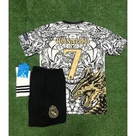 BySportakus Real Madrid Yeni Sezon Dragon Desenli Cristiano Ronaldo Çocuk Forması 3'lü Set (Black-White) - Siyah - 12 - 13 Yaş