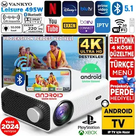 Vankyo Leisure 495W Android 4K Destekli 5G Wi-Fi + 5.1 Bluetooth Lcd Led Projeksiyon Cihazi - 220 İnç Yansıtma - Hifi Dolby Ses Sistemi