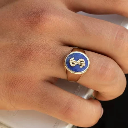 14 Ayar Altın Dolar İşaretli Mavi Erkek Yüzük - 25