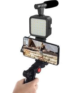 Profesyonel Vlogging Seti Video Kiti Tripod Mikrofon LED Işık Telefon Tutucu Kumandalı Selfie Vlog Tiktok YouTube