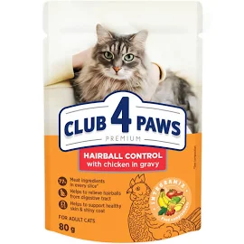 Club 4 Paws - Вологий корм Premium для дорослих котів з ефектом виведення шерсті, з куркою в соусі, 80 г