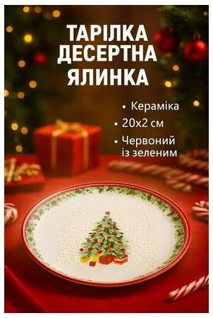 ChatGPT сказал: Тарілка десертна Ялинка керамічна 20×2 см червоно-зелена глазурована, міцна, безпечна для продуктів, ідеальна для святкового столу, 