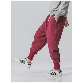 Чоловічі штани лляні червоні в японському вуличному стилі на зав'язках 4XL. Чоловічі штани