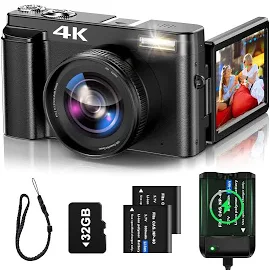 brewene 4K Digital Camera for Photography Auto-focus 4K Camera with 180° 3.0 inch Flip Screen 16x Anti-Shake Vlogging Camera for Youtube Video Compact