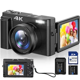 Vlogging Camera 4K Digital Camera for Youtube Autofocus with 32GB SD Card,180Flip Screen 16x Digital Zoom 48MP Video Cameras Camcorder for Photography