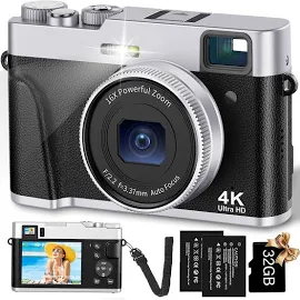 4K Vlogging Camera with Flash Viewfinder & Dial-48MP Digital Video Camera for Youtube with 32GB Card 16x Autofocus Anti-Shake Cameras for Photography