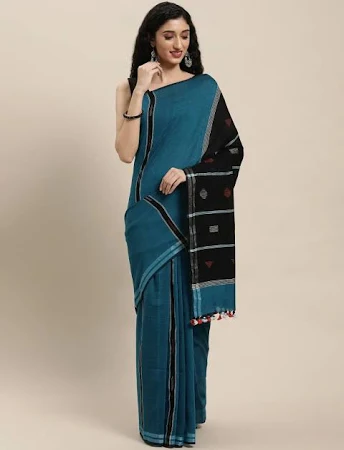 Shobitam Jamdani Cotton Saree with Black Pallu