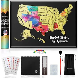 TRAVELISIMO Scratch Off Map of United States, 12x17 inch Travel Map, United States Map for Traveling with 25 Unique Accessories, Colorful Scratch