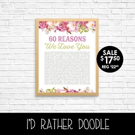 Boho Watercolor Floral Reasons I Love You - Reasons We Love You - 40 50 60 Reasons - Any Number - Custom Printable Poster -