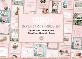 1000+ Instagram Templates and Highlights for Social Media, Pink Medium Posts, Rose Gold Square Feed, Green Story Engagement Bundle Pack