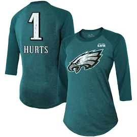 Women's Majestic Threads Jalen Hurts Midnight Green Philadelphia Eagles Super Bowl LVII Name & Number Raglan 3/4 Sleeve T-Shirt Size: Medium
