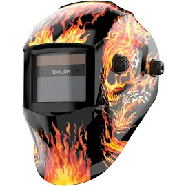 TOOLIOM Welding Helmet Auto Darkening Solar Powered with Adjustable Shade 49-13 for TIG MIG Arc Flaming Skull Design Welder Mask