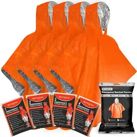 aZengear Emergency Survival Poncho (4pc) Thermal Mylar Foil Coating Blanket for Heat Retention and Rain | Reversible with Hood | Waterproof,