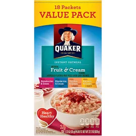 Quaker Oatmeal, Instant, Fruit & Cream Flavors, Value Pack - 18 pack, 1.23 oz packets