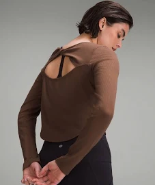 Lululemon Modal Silk Twist-Back Yoga Long-Sleeve Shirt - Brown/Neutral - Size 12 Silk-Blend Ribbed Fabric
