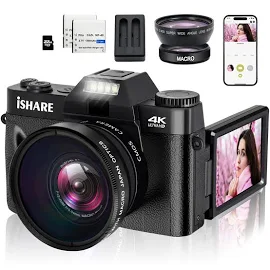 iShare Digital Camera for Photography, 4K 48MP Vlogging Camera for Youtube with Wifi, 3-Inch 180-Degree Flip Screen, 16x Digital Zoom, 52mm Wide