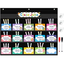 REGELETO Class Jobs Pocket Chart with 70 Colorful Dry Erase Cards and 3 Hooks,Class Management Educational Pocket Chart Teacher's Helper Size: 24.5”