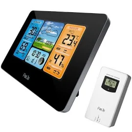 Fanju Digital LCD Indoor & Outdoor Weather Station Clock Calendar Thermometer Wireless, Size: 16.7, Black