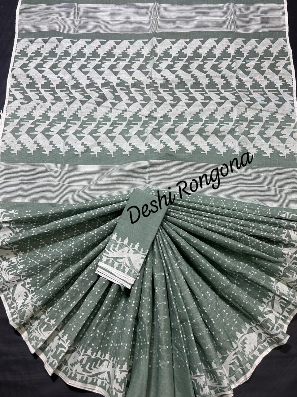 Dhakai Original Jamdani Cotton Saree, Sage, White Border, Golden Meenakari, Handwoven 84 count, White work Allover, Soft,Made in Bangaladesh