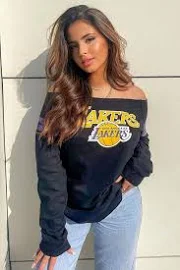 Womens NBA Court Side SEATS Off Shoulder Lakers Sweatshirt Print in Black Size Small by Fashion Nova