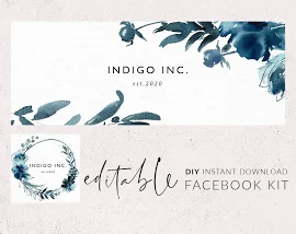 Facebook cover template, Facebook banner, Facebook logo, Facebook template, Indigo watercolor flowers, Navy, Social media branding, FB DIY