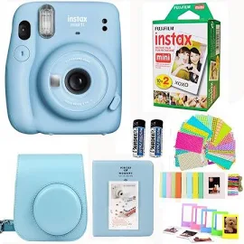 Fujifilm Instax Mini 11 Sky Blue Camera with Fuji Instant Film Twin Pack (20 Pictures) + Blue Case with Strap, Album, Stickers, and More Accessories