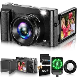 Actitop 4K Digital Camera for Photography 48MP Vlogging Camera for Youtube with 32GB Card 3 inch 180 Flip Screen Auto-focus 16x Digital Zoom, Size: