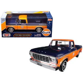 Motormax 1979 Ford F-150 Custom Pickup Truck Gulf Dark Blue and Orange 1/24 Diecast Model