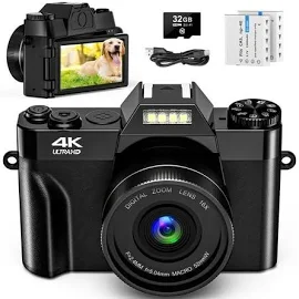 Marvue Digital Camera for Youtube 4K Video Camera 56mp Vlogging Camera Camcorder with 32GB SD Card and 2 Batteries, Black