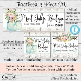 Mason Jar Facebook Set, Customizable Facebook, DIY Facebook, Editable Facebook Set, Shabby Chic Facebook, Editable Facebook, Mint Julep