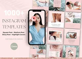 1000+ Pink Instagram Templates and Highlights for Social Media, Medium Posts, Rose Gold Square Feed, Green Story Engagement Bundle Pack