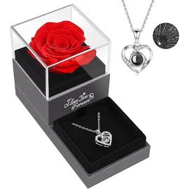Preserved Red Real Rose with I Love You Necklace in 100 Languages -Eternal Flowers Rose Gifts for Mom Wife Girlfriend Her on Anniversary Valentines