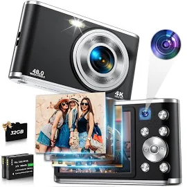 Actitop 4K Digital Camera 48MP Autofocus Vlog Video Dual Cameras for Youtube with 32GB Card,Black, Size: One Size