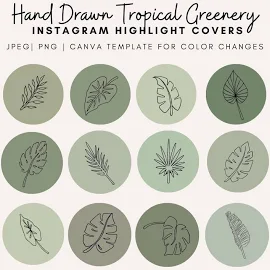 12 Instagram Highlights - Tropical Greenery Leaf Patterns / IOS App Icon Covers / Hand Drawn Icons Bundle and Canva Template