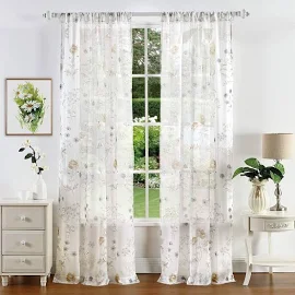 Martha Stewart Martha's Garden Floral Semi-Sheer Curtain Panel Pair - 95-Inch - Gold