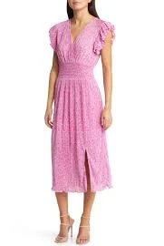 Chelsea28 Flutter Sleeve Plissé Midi Dress in Pink- Blue Butterfly Blooms at Nordstrom, Size Large