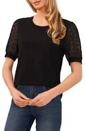 Cece Mixed Media Puff Sleeve Top in Rich Black at Nordstrom, Size Medium